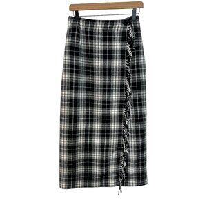Vintage Cambridge Country Wool Plaid Wrap Skirt FringeTrim Maxi Black White 6P